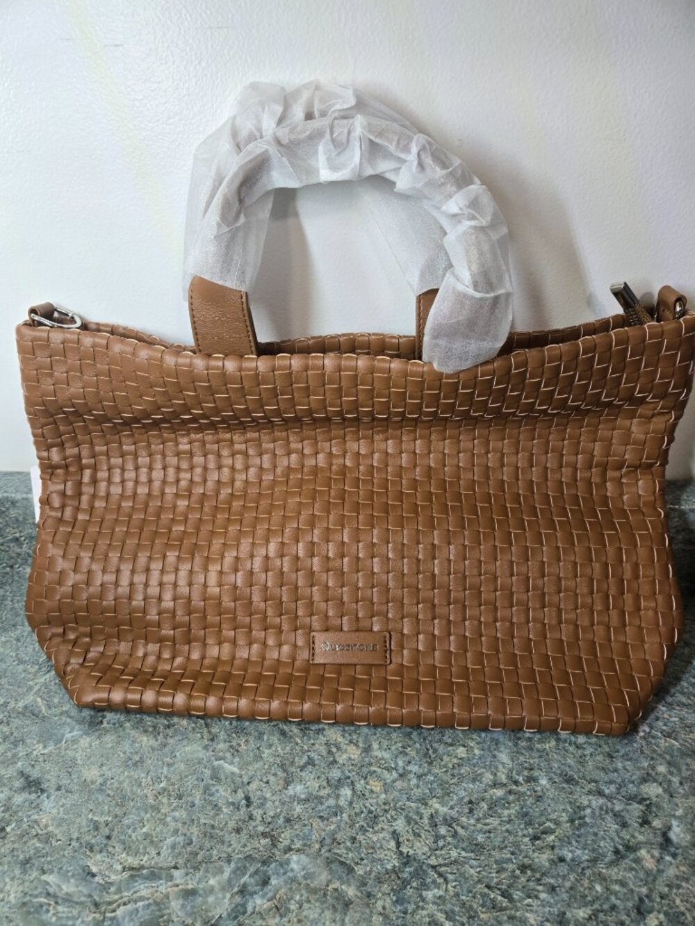 Queenoris Woven Vegan Leather Handbag Brown Shoulder Tote Purse with Strap New